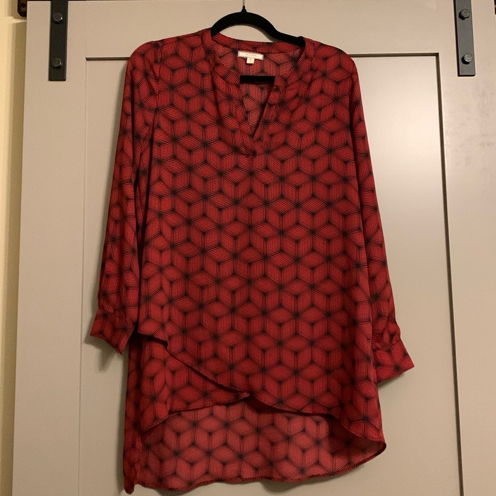Pleione Burgundy and Navy Blue Geometric Long Women’s Blouse Size Small
